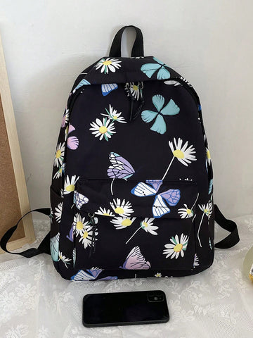 Kids Butterfly & Floral Pattern Zipper Preppy Functional Backpack For School