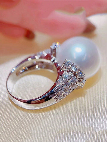 1pc Vintage Faux Pearl & Cubic Zirconia Decor Ring For Women For Daily Decoration
