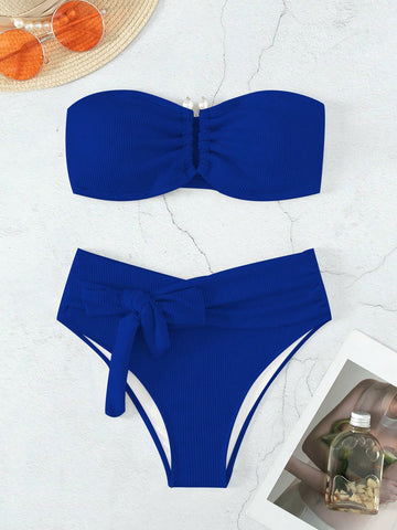 Summer Beach Rib Knot Front Bandeau Bikini Swimsuit
