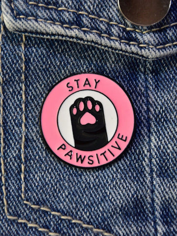 1pc Cartoon Round STAY PAWSITIVE Letter Pink Cat Paw Brooch