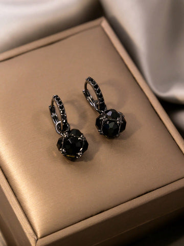 1pair Vintage Geometric Black Cubic Zirconia Drop Earrings With Luxury And Light Luxury Feel