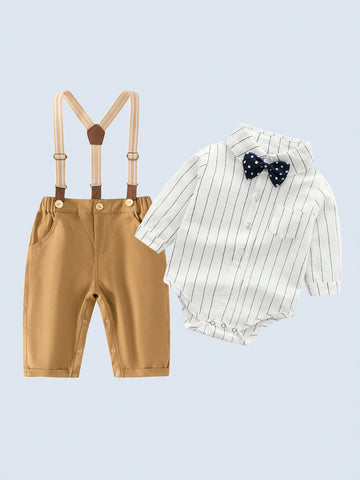 Baby Boy Bow Detail Bodysuit and Suspender Pants Set