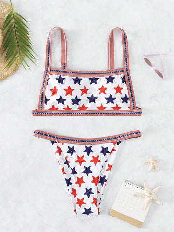 Star Print Contrast Trim Bikini Swimsuit