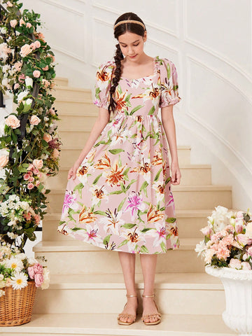 Teen Girls Floral Print Puff Sleeve Dress