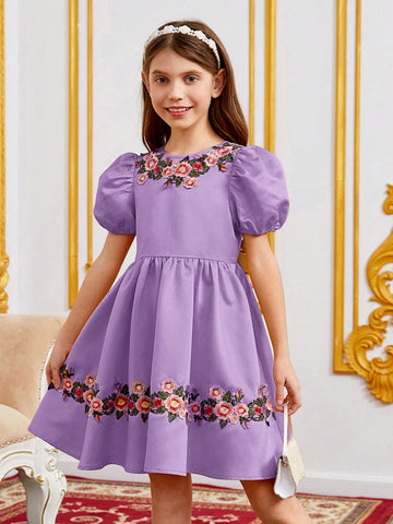 Girls Floral Appliques Puff Sleeve Dress