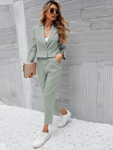 Solid Single Button Crop Blazer And Slant Pocket Tailored Pants