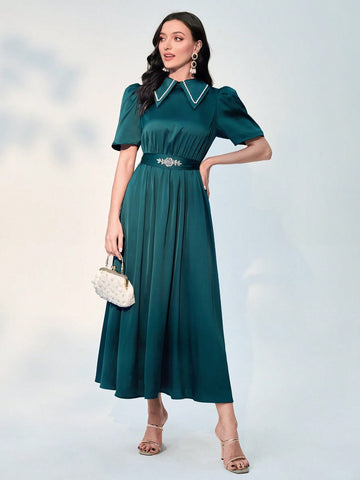 Pearls and Rhinestone Detail Puff Sleeve Belted Dress