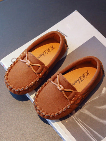 Little Girls' Brown Flat Shoes With Bowknot And Stitching Details