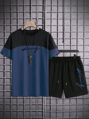 Men Letter Graphic Two Tone Tee & Drawstring Waist Shorts