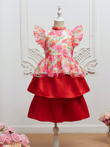 Girls 1pc Floral Print Ruffle Trim Peplum Top & 1pc Layer Hem Skirt