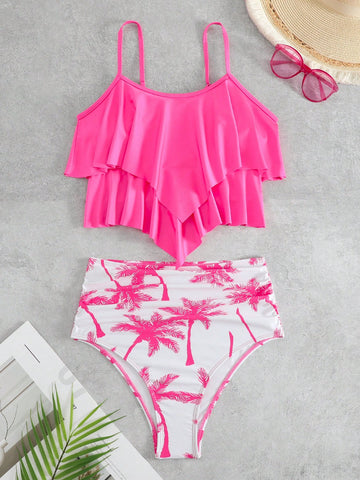 Summer Beach Palm Tree Print Ruffle Hem High Waisted Bikini Swimsuit