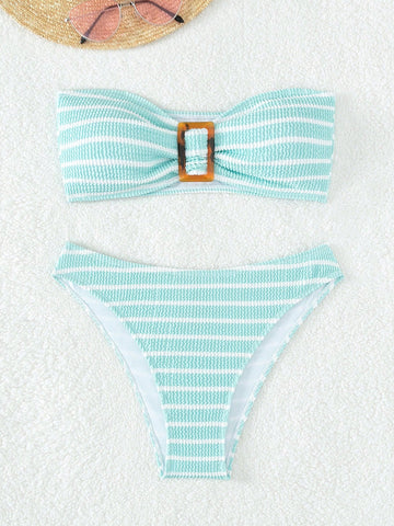 Striped Print Bandeau Bikini Swimsuit