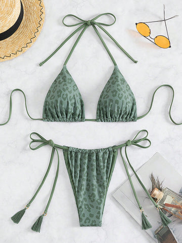 Summer Beach Leopard Print Halter Triangle Tie Side Bikini Swimsuit