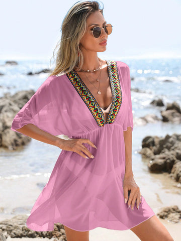 Summer Beach Contrast Tape Batwing Sleeve Cover Up Dress Without Bikini Set