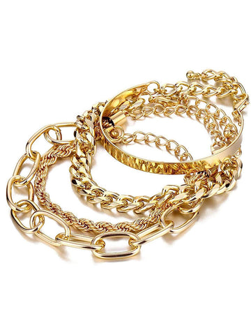Trendy Boho Delicate Simple Gold Chain Stackable  Bracelet Set Women Adjustable  Chunky Flat Chain Punk Bracelet  Women Girls Gift Set 4 Pieces (Gold)