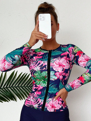 Summer Beach Tropical Print Zipper Front Bikini Swimsuit