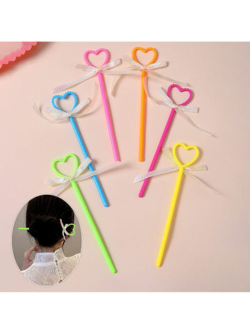 6pcs Candy-colored Kids' Heart Shaped Bow Hairpin Hair Accessory