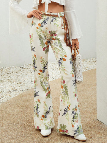 Tropical Print Flare Leg Jeans Without Belt