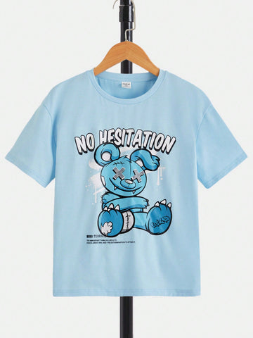 Tween Boys' Casual Short Sleeve Round Neck T-Shirt With Slogan And Cartoon Pattern For Summer