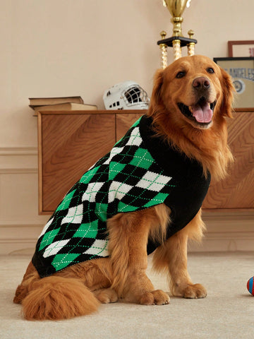Green Plaid And Contrasting Colors Academy Style Warm Pet Sweater, Autumn/winter