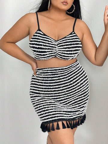 Plus Striped Print Cami Top & Tassel Hem Skirt