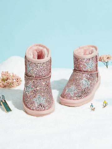 Balabala Girls' Winter Fashion Sequin Decorated Star Pattern Snow Boots Warm Thickened Anti-Slip Soles Children's Boots Christmas Gift