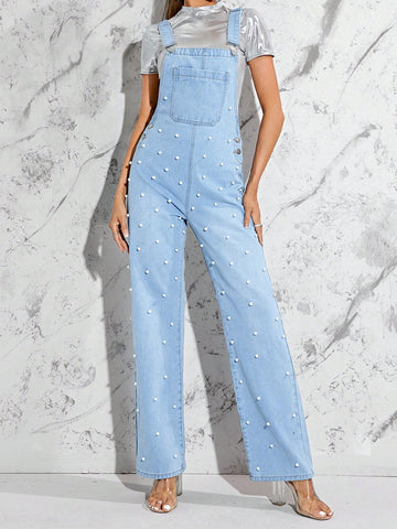 Pearls Beaded Denim Overalls Without Tee