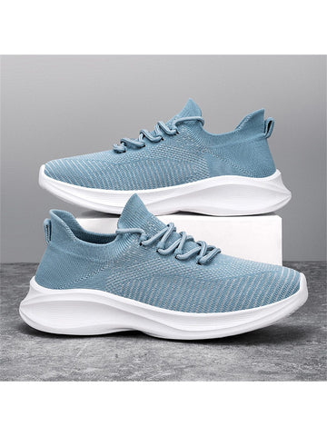 Men's Breathable Running Shoes, Front Tie Mesh, Low-cut, Round Toe, Non-slip, Shock Absorption, Outdoor Sneakers For Athletics. Featuring A Knitted Textile Upper And A One-foot Design, These Shoes Deliver Style And Comfort For Summer. Available In Blue As