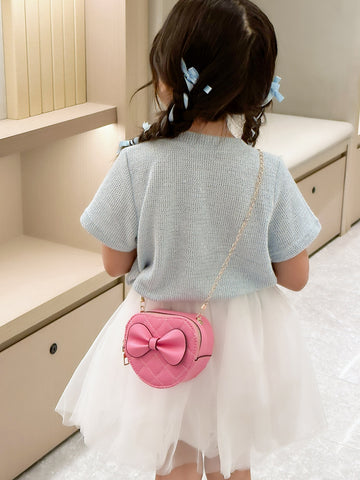 Mini Kids' Solid Color Love Heart Design Saddle Bag With Bowknot Decoration, Girls' Chain Crossbody Bag For Coins