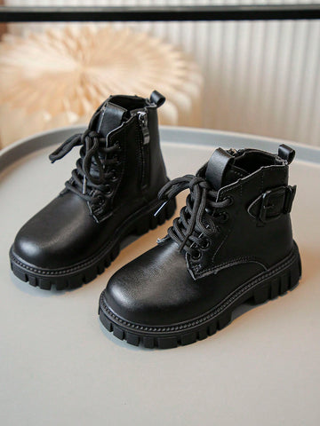 Kids Buckle Decor Lace-up Front Combat Boots For Outdoor