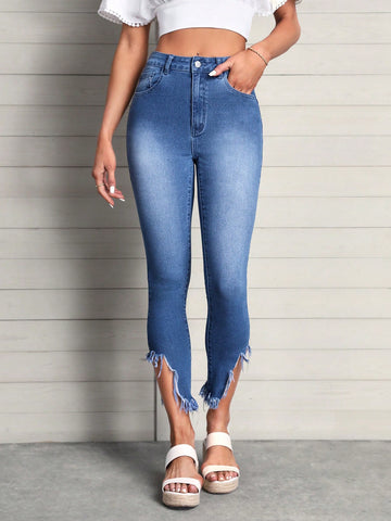 Solid Asymmetrical Raw Hem Skinny Jeans