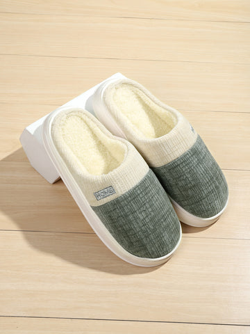 Men's Large Size Color Block Design Anti-dust Fabric Thick Sole Anti-slip Warm Bread Home Slippers