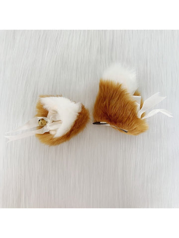 Beige & White Plush Lolita Headwear Hair Clip With Bowknot, Fox & Cat Ear Detail