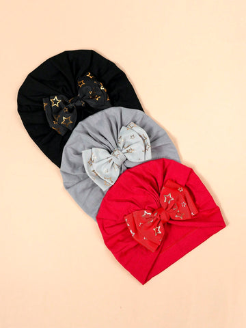 (3pcs/pack) Infant Double-layer Butterfly Bow Tie Beanie Cap With Golden Stars, Solid Color