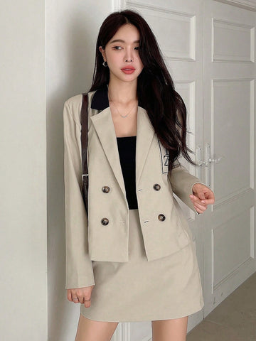 Letter Graphic Double Breasted Blazer & Skirt