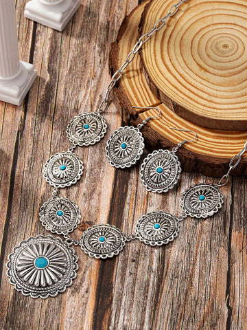 3 Pcs Vintage Antique Silver Western Concho Necklace Earring Set for Women