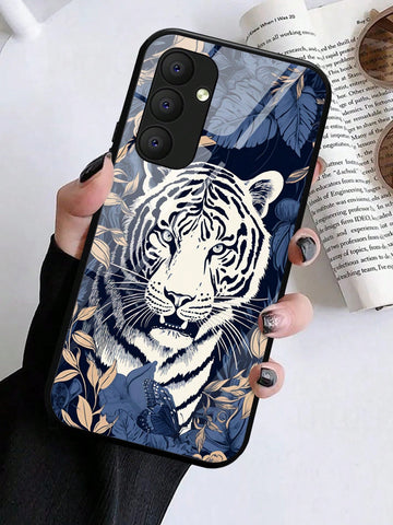 1pc Black And White Tiger Phone Case Compatible With Models Of Redmi, Huawei, And Samsung A54, Made Of Glass Material