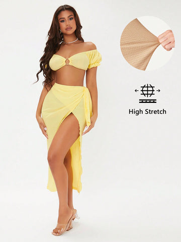 Off Shoulder Puff Sleeve O-ring Ruched Crop Top & Wrap Knot Skirt Set