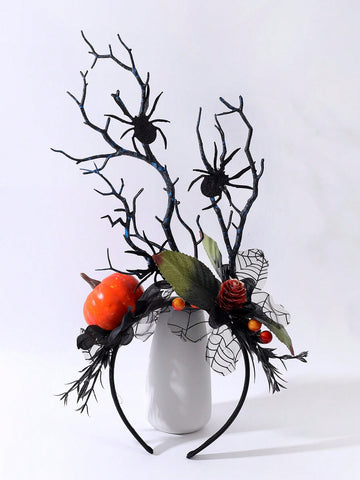 1pc Dark Style Black Spider Web & Red Fruit & Pumpkin & Simulated Black Branch With Spider & Red Fruit Embellished Headband, Perfect For Parties & Gatherings & Festivals