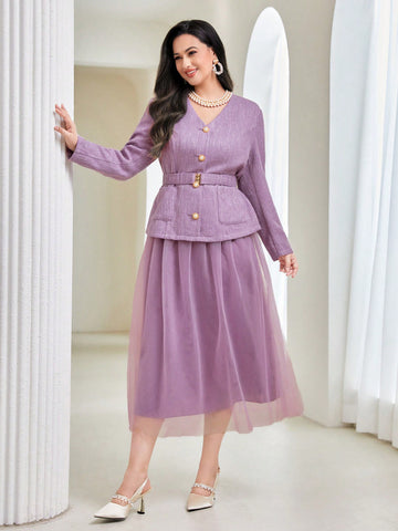Plus Button Front Belted Coat & Mesh Skirt