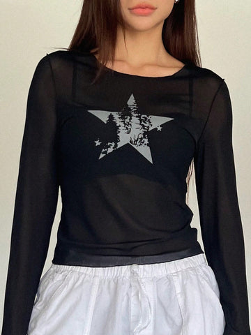 Star Print Mesh Top Without Bra