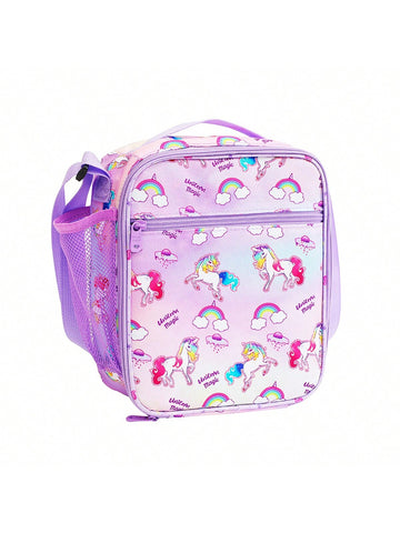 1pc Unicorn Pritned Insulated Lunch Bags, Reusable Lunch Bag With Waterproof Liner And Exterior Zippered Pockets, Keeps Food Fresh In School Lunch Boxes, Small Portable Lunch Bag, Home Kitchen Supplies