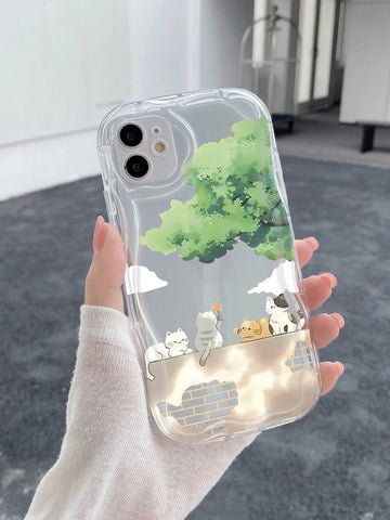 1 cat crouching wall tree transparent cream patterned phone case suitable for Apple/Samsung/Xiaomi/Redmi