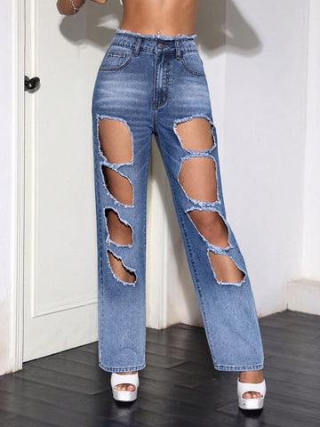 Cut Out Ripped Straight Leg Jeans