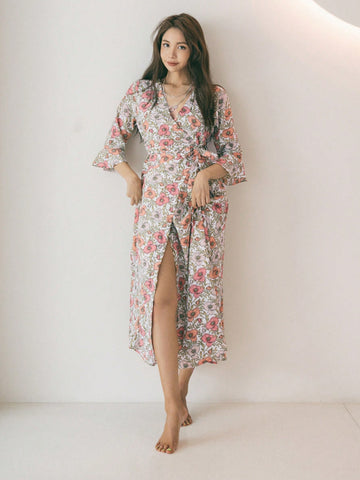 Allover Floral Print Flounce Sleeve Belted Kimono