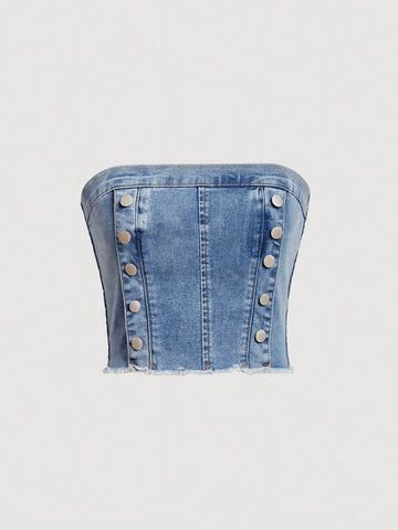 Double Breasted Denim Tube Top
