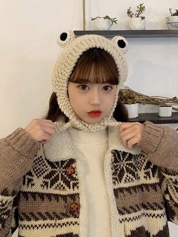 1pc Women's Knitted Woolen Headwear With Cartoon Frog Design & Big Eyes, Ear & Wind Protection, Suitable For Daily Wear And Holidays