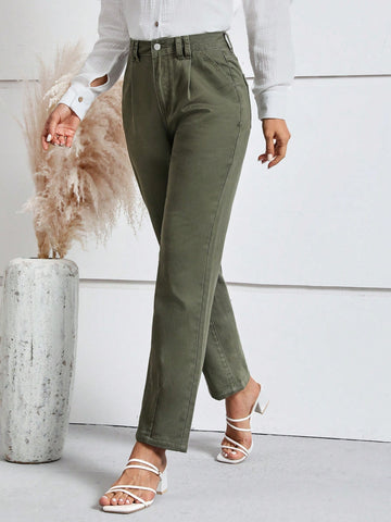 Solid Straight Leg Cropped Jeans