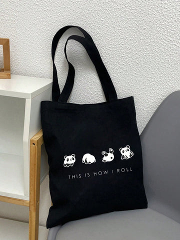 1pc Cute Panda Pattern Large Capacity Canvas Shoulder Bag Tote Bag, Contrasting Color Alphabet Map Casual Simple Shopping Bag Going Out Shopping Personal Items Organizer