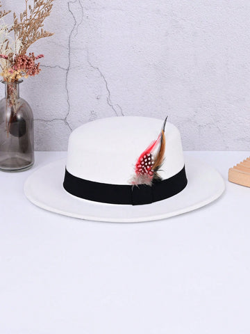 Flat Top Hat For Women And Men, Black Edged Fedora For Gentleman, Fashionable Casual Couple Beret In White Wool Hat